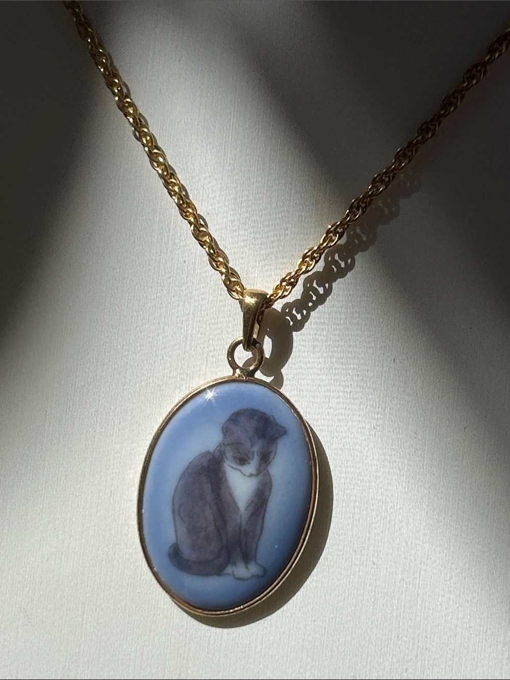 Bing and Grondahl Danish Porcelain Pendant Necklace with Blue Cat Cameo